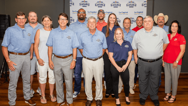 Member of the 2022 Louisiana Sports Hall of Fame class pose for a photo after Thursday's press conference inside the Louisiana Sports Hall of Fame on Front Street in Natchitoches. -- Photo courtesy of LSWA