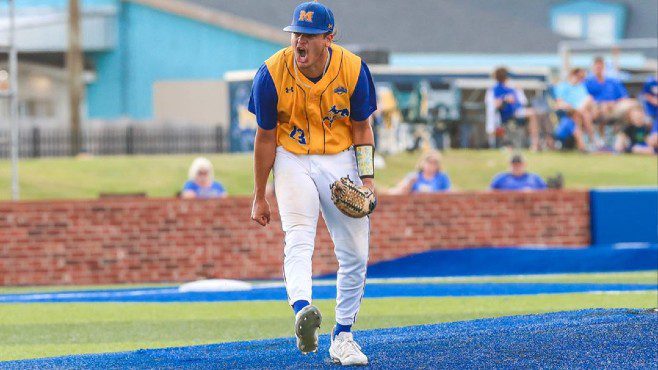 McNeese pitcher Christian Vega celebrates after getting a batter out during Saturday's 7-2 win over Incarnate Word at Joe Miller Ballpark. -- Photo courtesy of McNeese Athletics