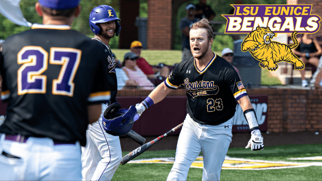 LSU Eunice's Peyton LeJeune begins celebrating his home run during Wednesday's 11-3 win over Jones College at the Region 23 Tournament. -- Photo courtesy of LSUE Athletics
