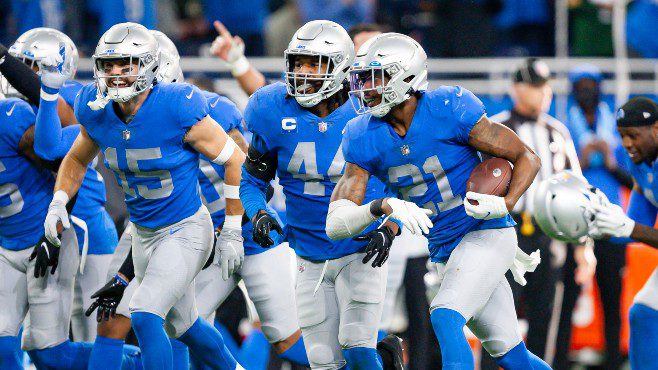 Detroit Lions free safety Tracy Walker III (21) celebrates with teammates after making an interception during the fourth quarter of Sunday's game against the Green Bay Packers at Ford Field. -- Photo courtesy of Raj Mehta-USA TODAY Sports/Reuters