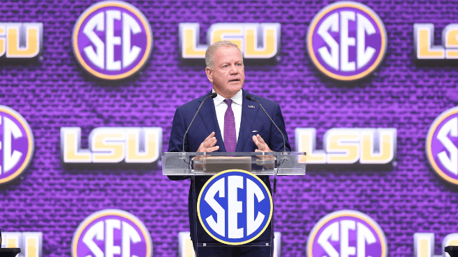 LSU football coach Brian Kelly addresses members of the media during SEC Media Days on Monday at the College Football Hall of Fame in Atlanta. -- Photo courtesy of SEC